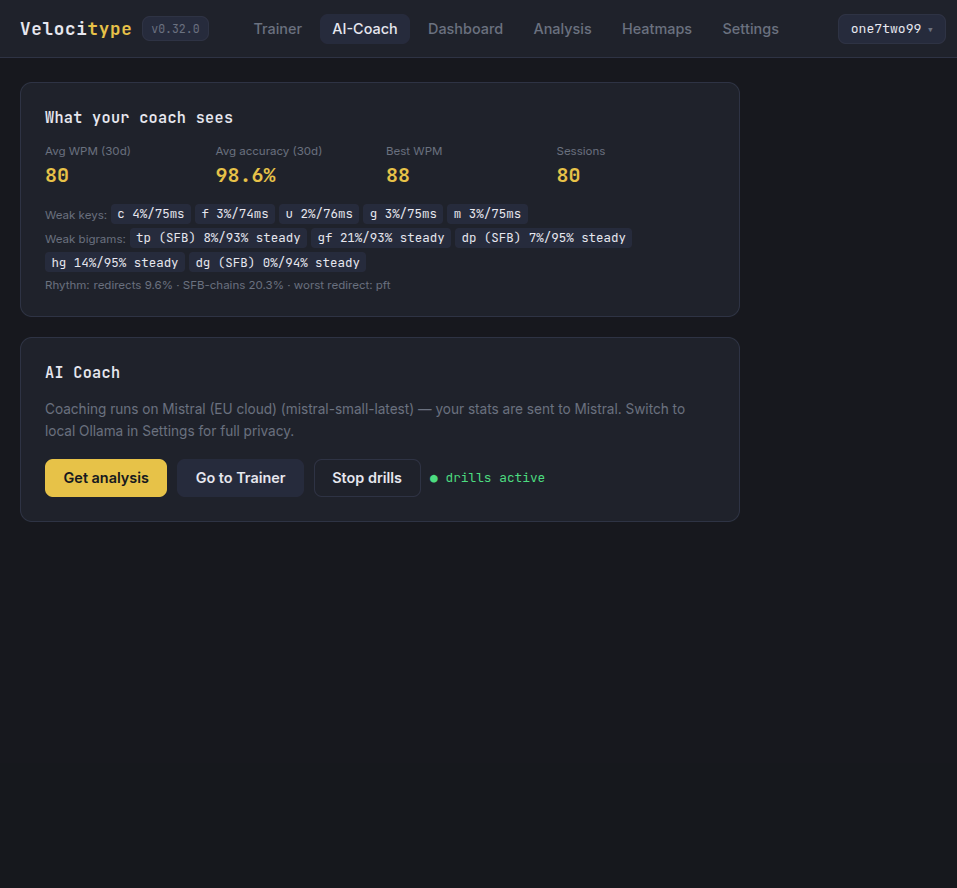 AI-Coach view — what your coach sees, including weak bigrams and rhythm