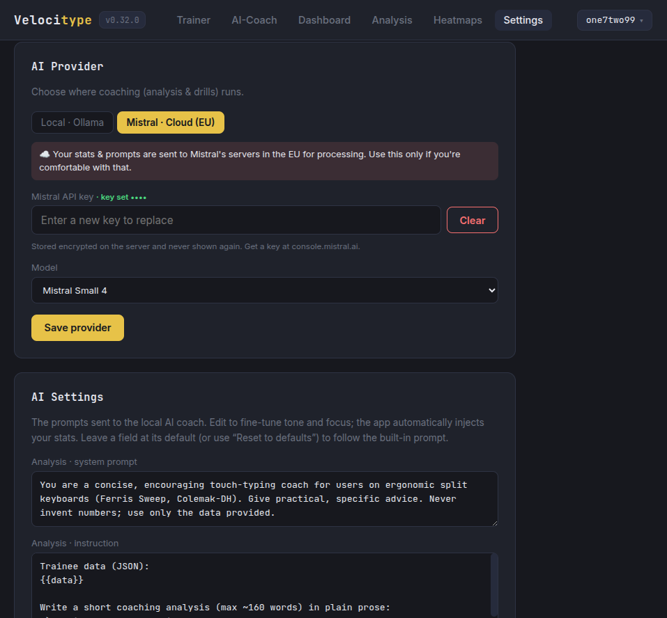 Settings view — training preferences and progressive key unlocking controls